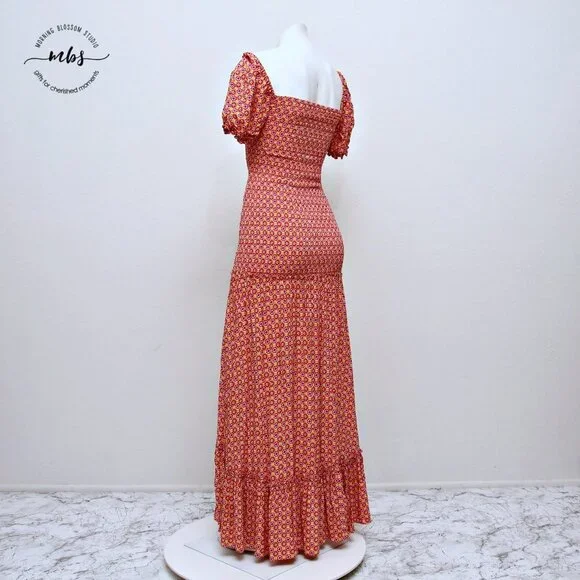 L*SPACE Simone Floral Square‎ Neck Short Sleeve Smocked High Low Maxi Dress - Picture 8 of 16